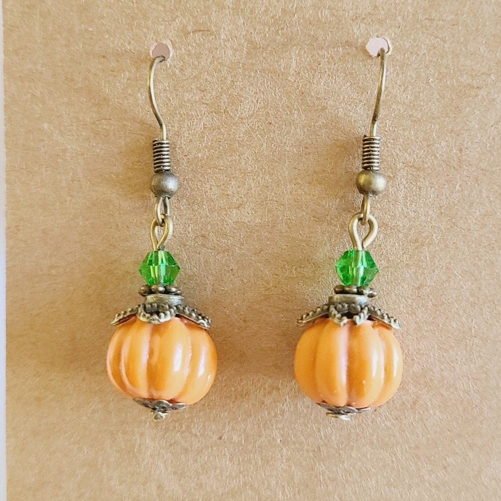 Handmade Pumpkin Earrings Green Crystal Dangle Autumn Fall Jewelry NEW Women's